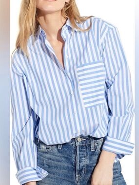 AYR The Deep End Crisp Blue and White Striped cotton blend Button-Up Shirt L